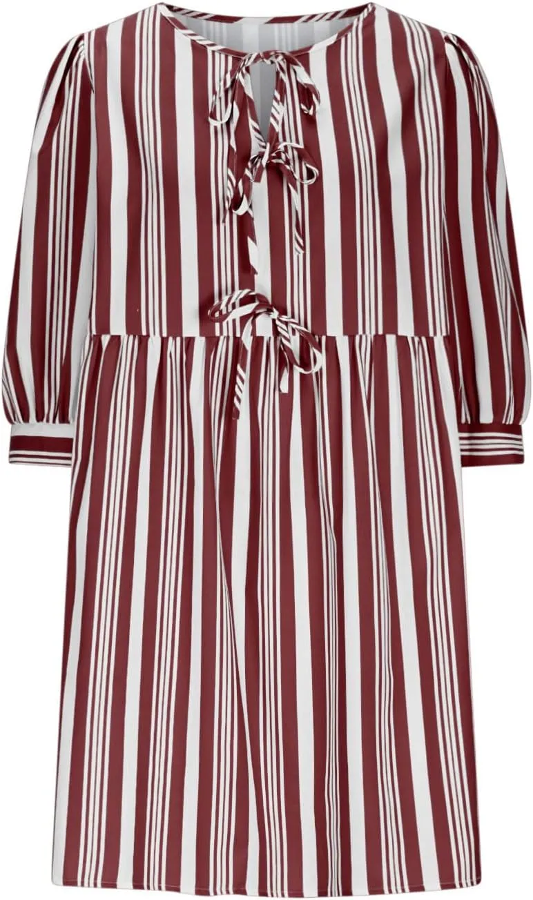 Women's Puff Sleeve Mini Dress Summer Casual Bow Tie Crewneck Striped Loose Flowy Beach Dresses Trendy 2025 Outfits