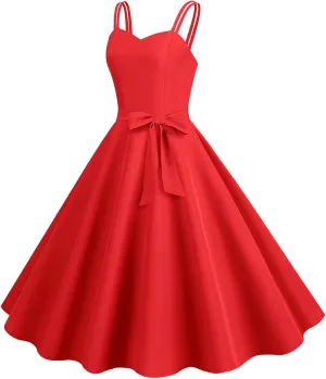 Women's Rockabilly Dresses 50's Vintage Spaghetti Strap Sleeveless Solid Prom Cocktail Swing Midi Dress