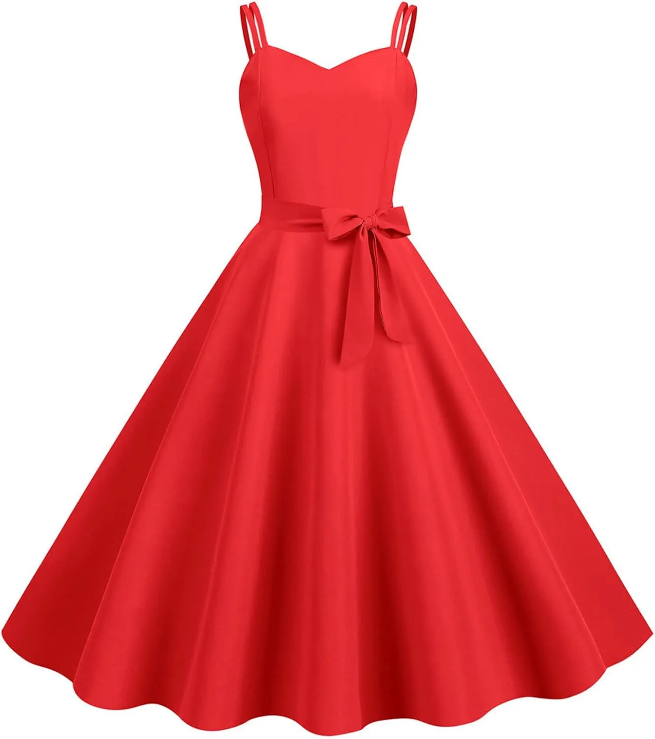 Women's Rockabilly Dresses 50's Vintage Spaghetti Strap Sleeveless Solid Prom Cocktail Swing Midi Dress