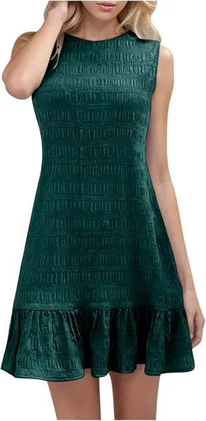 Women's Ruffle Hem Tank Dress Round Neck Sleeveless Casual Smocked Sundress 2025 Summer Trendy Mini Dresses