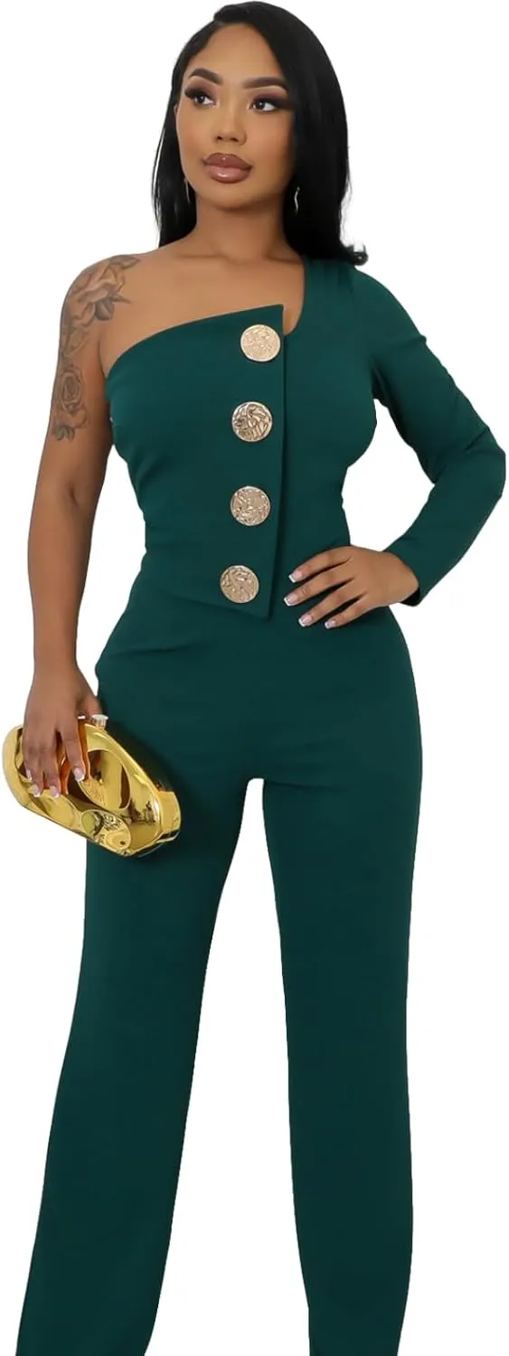 Women's Sexy One Shoulder Slit Sleeve High Waist One Piece Pant Outfit Wide Leg Jumpsuit Romper