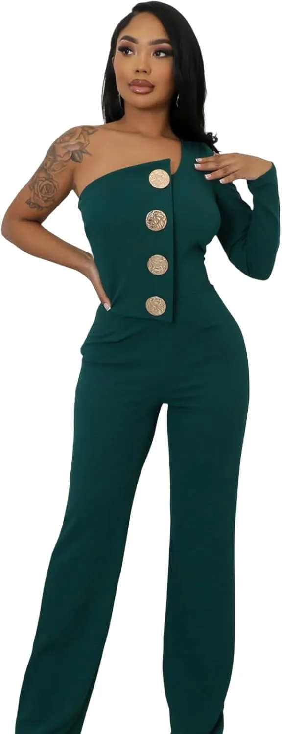 Women's Sexy One Shoulder Slit Sleeve High Waist One Piece Pant Outfit Wide Leg Jumpsuit Romper