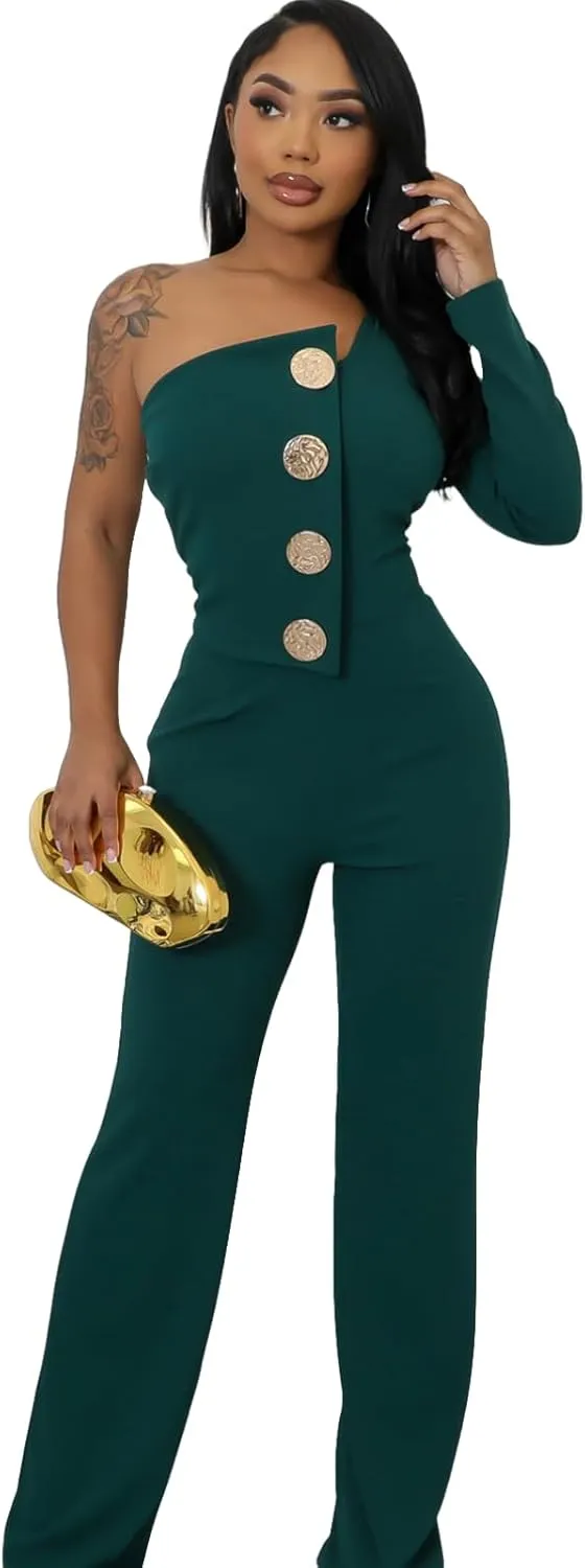 Women's Sexy One Shoulder Slit Sleeve High Waist One Piece Pant Outfit Wide Leg Jumpsuit Romper