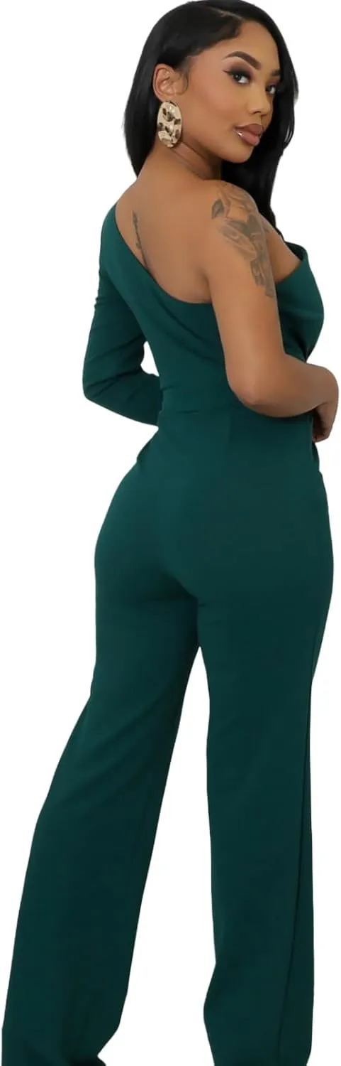 Women's Sexy One Shoulder Slit Sleeve High Waist One Piece Pant Outfit Wide Leg Jumpsuit Romper