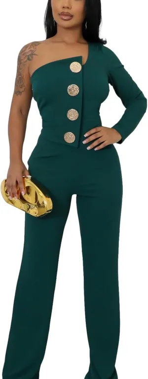 Women's Sexy One Shoulder Slit Sleeve High Waist One Piece Pant Outfit Wide Leg Jumpsuit Romper
