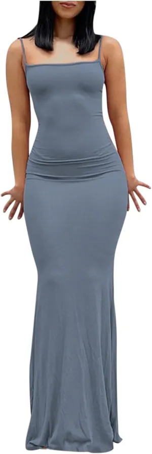Womens Spaghetti Strap Bodycon Maxi Dress Summer Casual Sleeveless Long Beach Dresses Ruched Elegant Evening Dress