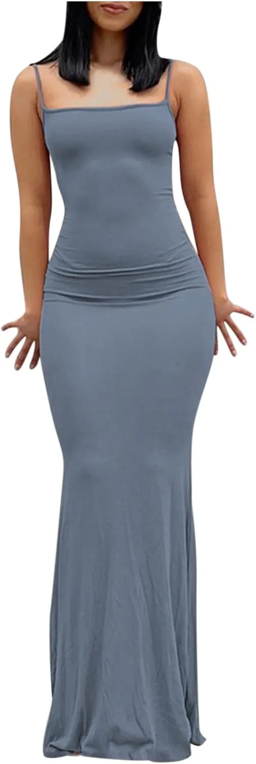 Womens Spaghetti Strap Bodycon Maxi Dress Summer Casual Sleeveless Long Beach Dresses Ruched Elegant Evening Dress