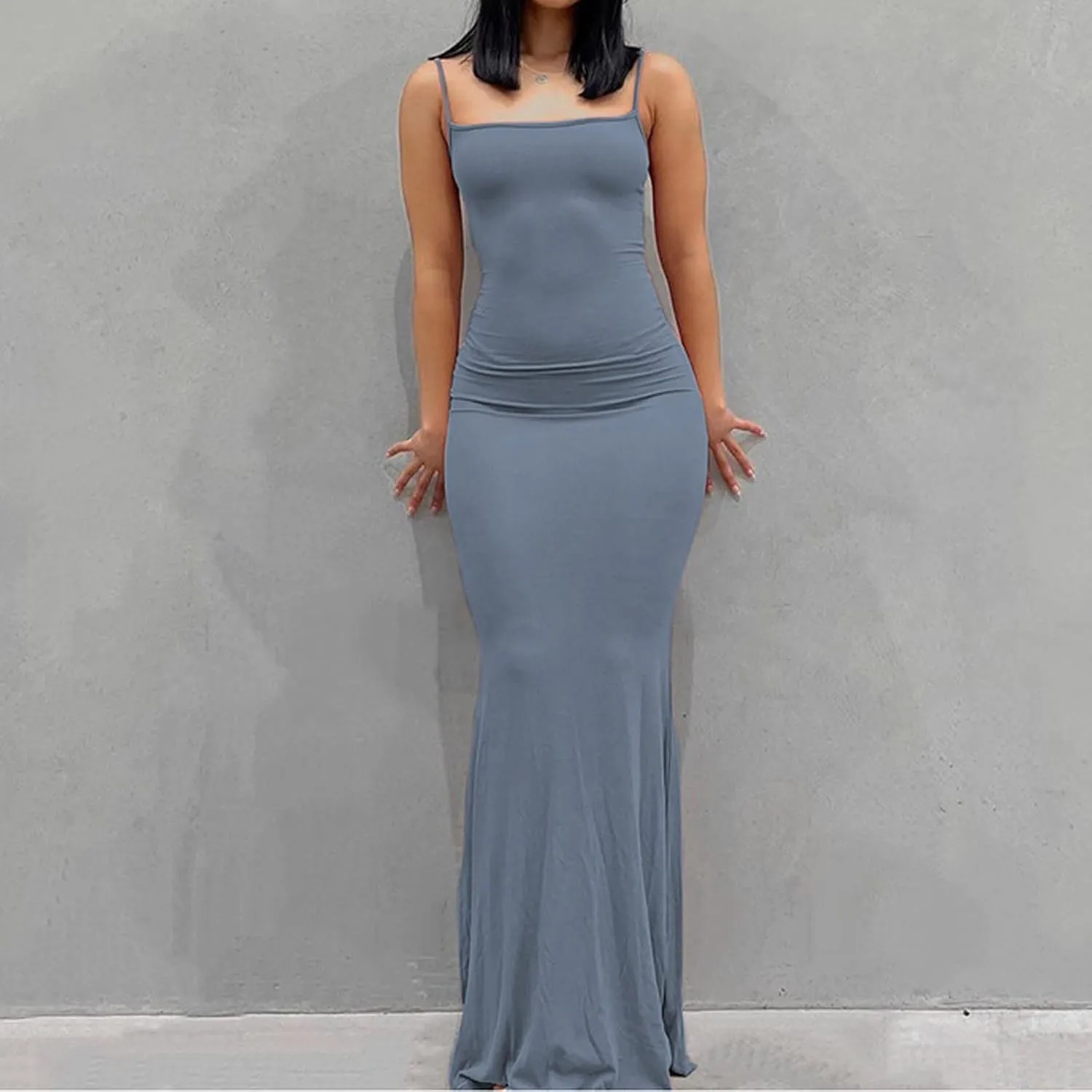 Womens Spaghetti Strap Bodycon Maxi Dress Summer Casual Sleeveless Long Beach Dresses Ruched Elegant Evening Dress