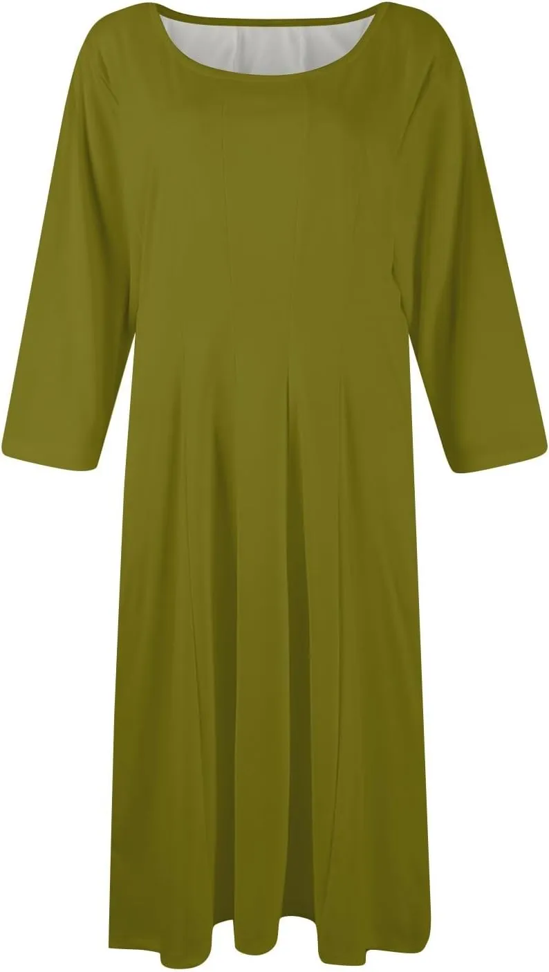 Womens Spring Dresses Crew Neck 3/4 Sleeve Beach Dress Solid Plain A Line Dress Summer Midi Flowy Dresses with Pocket