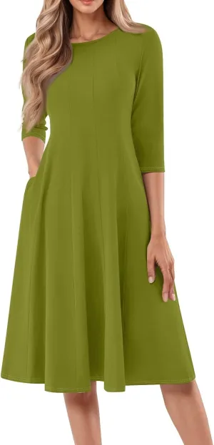 Womens Spring Dresses Crew Neck 3/4 Sleeve Beach Dress Solid Plain A Line Dress Summer Midi Flowy Dresses with Pocket