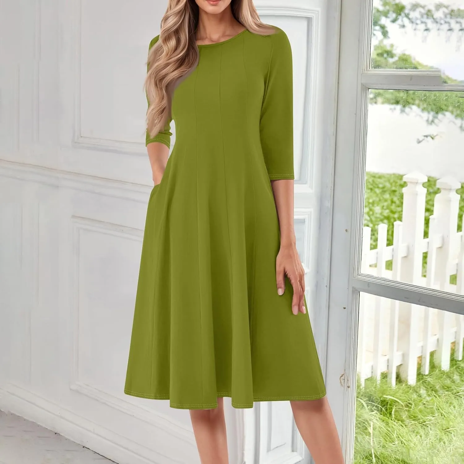 Womens Spring Dresses Crew Neck 3/4 Sleeve Beach Dress Solid Plain A Line Dress Summer Midi Flowy Dresses with Pocket