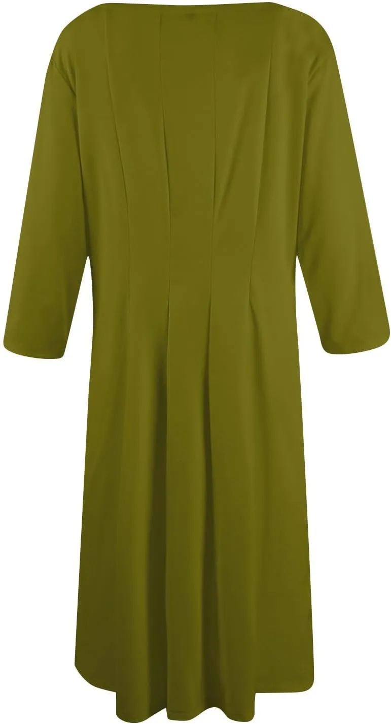 Womens Spring Dresses Crew Neck 3/4 Sleeve Beach Dress Solid Plain A Line Dress Summer Midi Flowy Dresses with Pocket