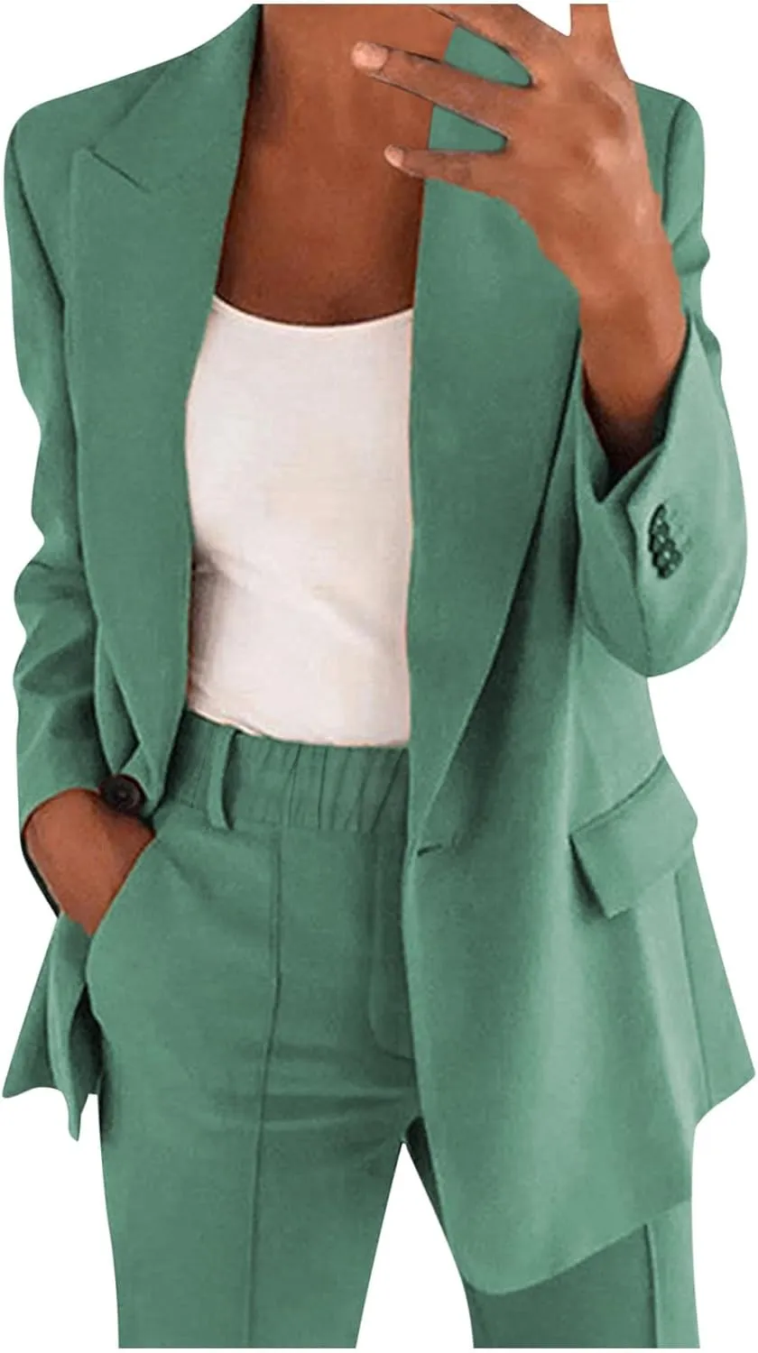 womens suits 2 piece set business open front plus size blazer and long pants lounge wear sets Casual Matching Sets