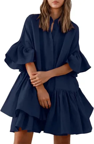 Women's Summer Button Down Shirt Dress Casual Ruffle Sleeve Shift Mini Dresses with Pockets