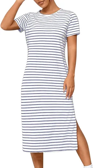 Womens Summer Casual Striped Dress Trendy Short Sleeve Side Split Sundress Comfy Beach Midi Dresses for Holiday