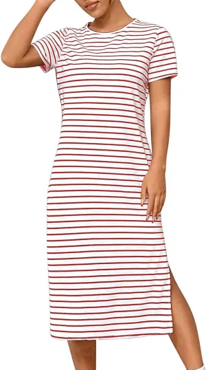 Womens Summer Casual Striped Dress Trendy Short Sleeve Side Split Sundress Comfy Beach Midi Dresses for Holiday