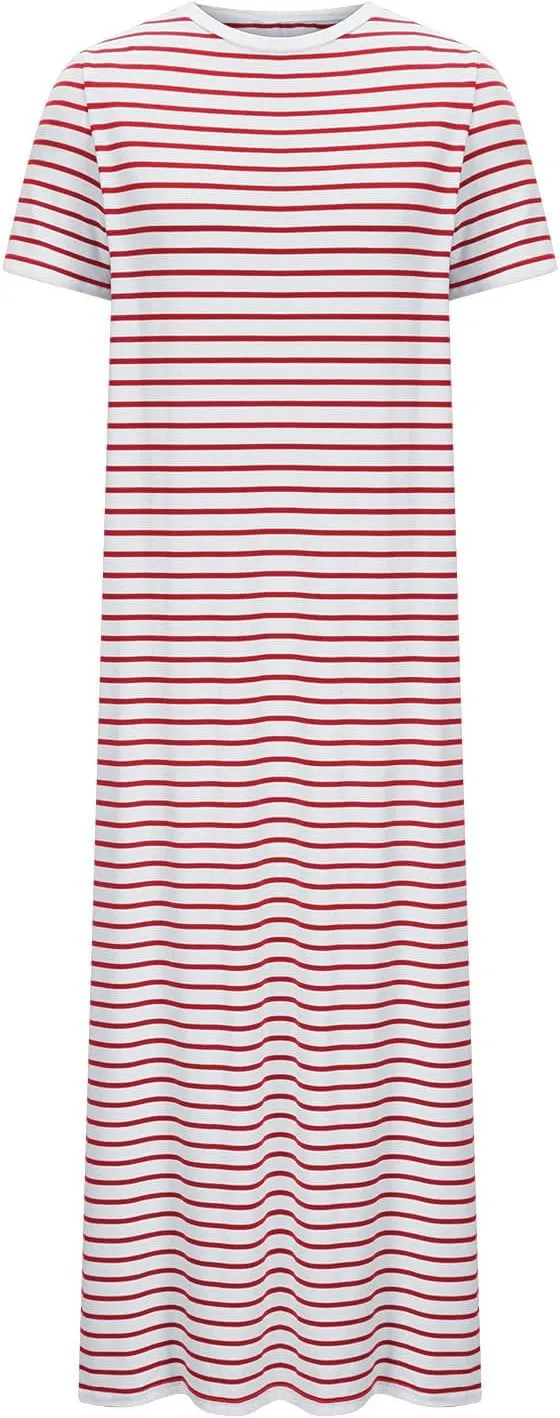 Womens Summer Casual Striped Dress Trendy Short Sleeve Side Split Sundress Comfy Beach Midi Dresses for Holiday