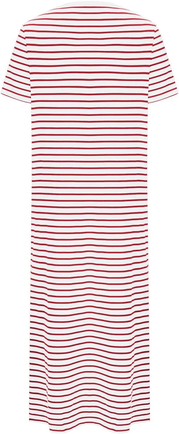 Womens Summer Casual Striped Dress Trendy Short Sleeve Side Split Sundress Comfy Beach Midi Dresses for Holiday