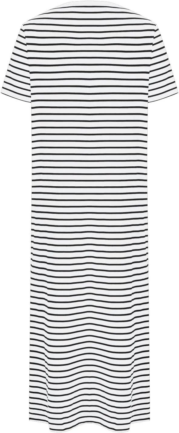 Womens Summer Casual Striped Dress Trendy Short Sleeve Side Split Sundress Comfy Beach Midi Dresses for Holiday
