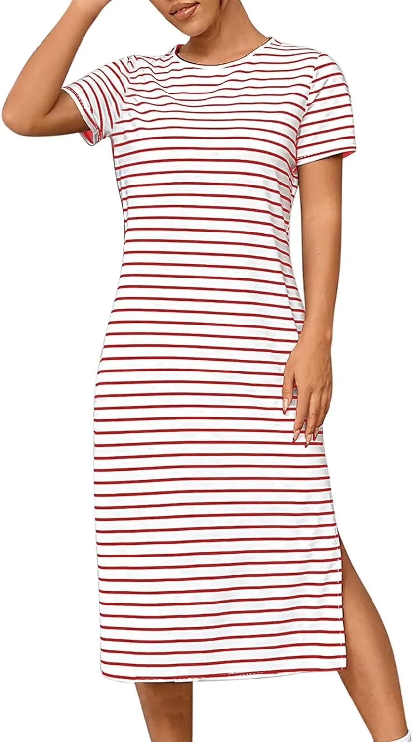 Womens Summer Casual Striped Dress Trendy Short Sleeve Side Split Sundress Comfy Beach Midi Dresses for Holiday