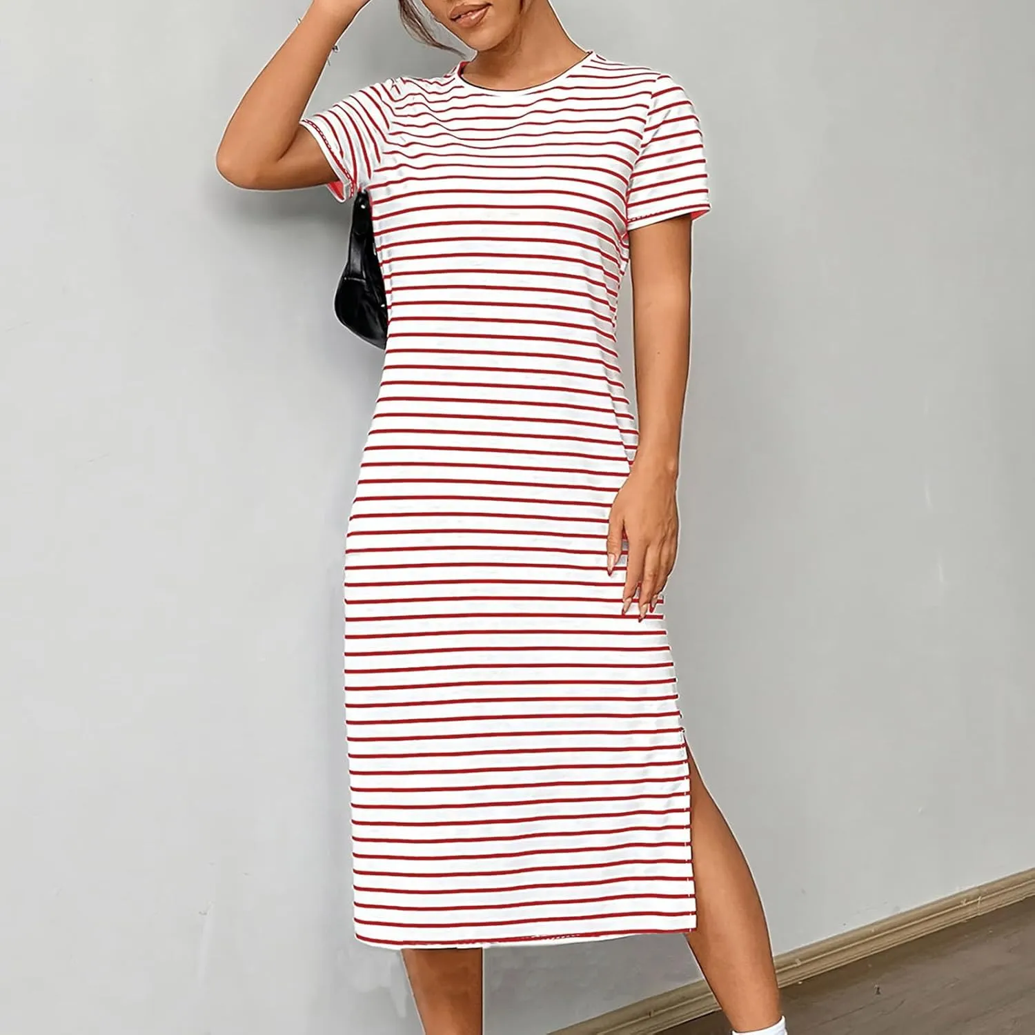 Womens Summer Casual Striped Dress Trendy Short Sleeve Side Split Sundress Comfy Beach Midi Dresses for Holiday
