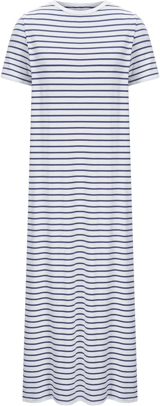 Womens Summer Casual Striped Dress Trendy Short Sleeve Side Split Sundress Comfy Beach Midi Dresses for Holiday