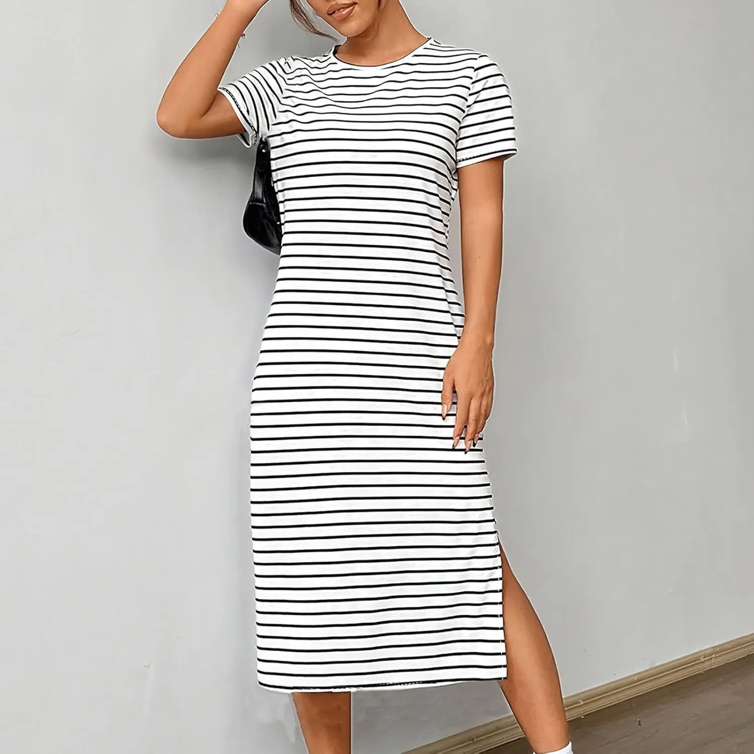 Womens Summer Casual Striped Dress Trendy Short Sleeve Side Split Sundress Comfy Beach Midi Dresses for Holiday