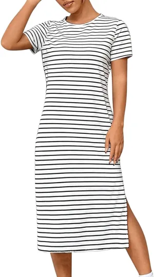 Womens Summer Casual Striped Dress Trendy Short Sleeve Side Split Sundress Comfy Beach Midi Dresses for Holiday