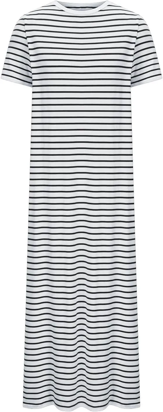 Womens Summer Casual Striped Dress Trendy Short Sleeve Side Split Sundress Comfy Beach Midi Dresses for Holiday