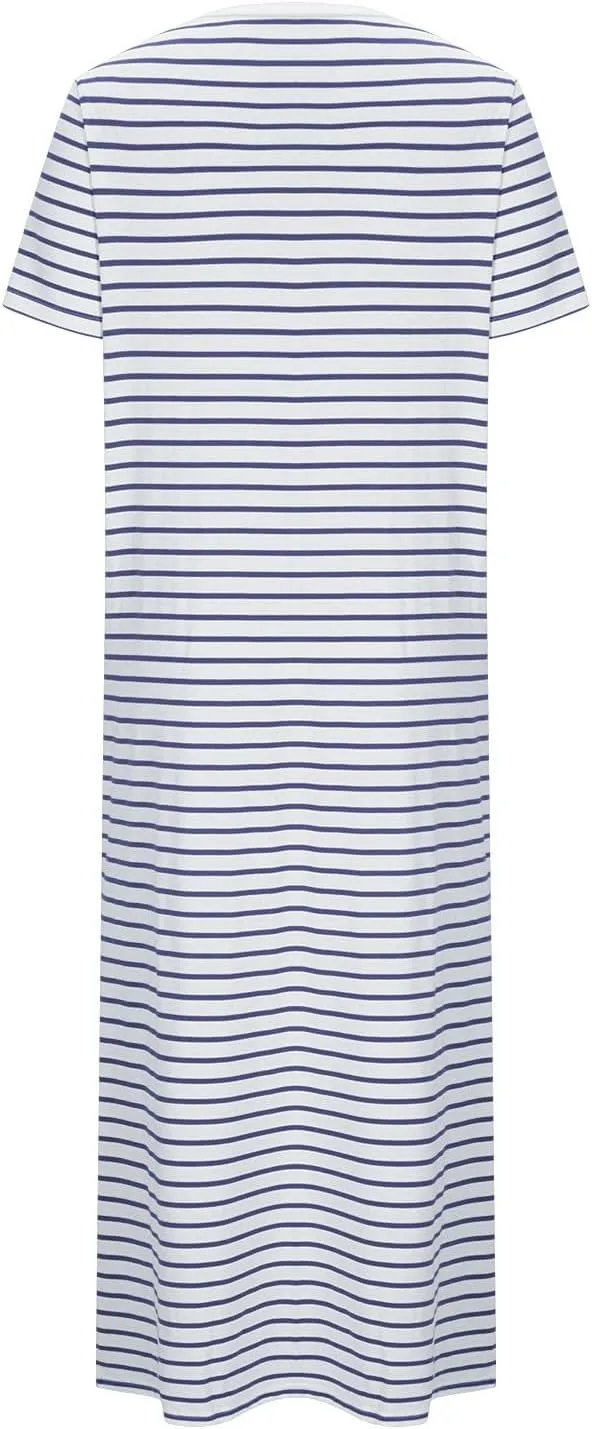 Womens Summer Casual Striped Dress Trendy Short Sleeve Side Split Sundress Comfy Beach Midi Dresses for Holiday