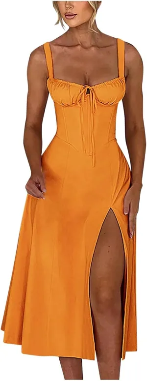Women's Summer Corset Midi Dress 2025 Summer Spaghetti Strap Low Cut Bust Dress Beach Party Maxi Dresses
