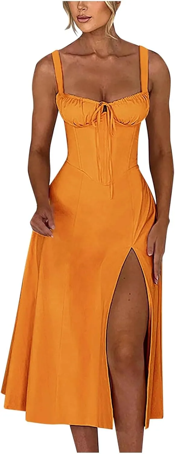 Women's Summer Corset Midi Dress 2025 Summer Spaghetti Strap Low Cut Bust Dress Beach Party Maxi Dresses
