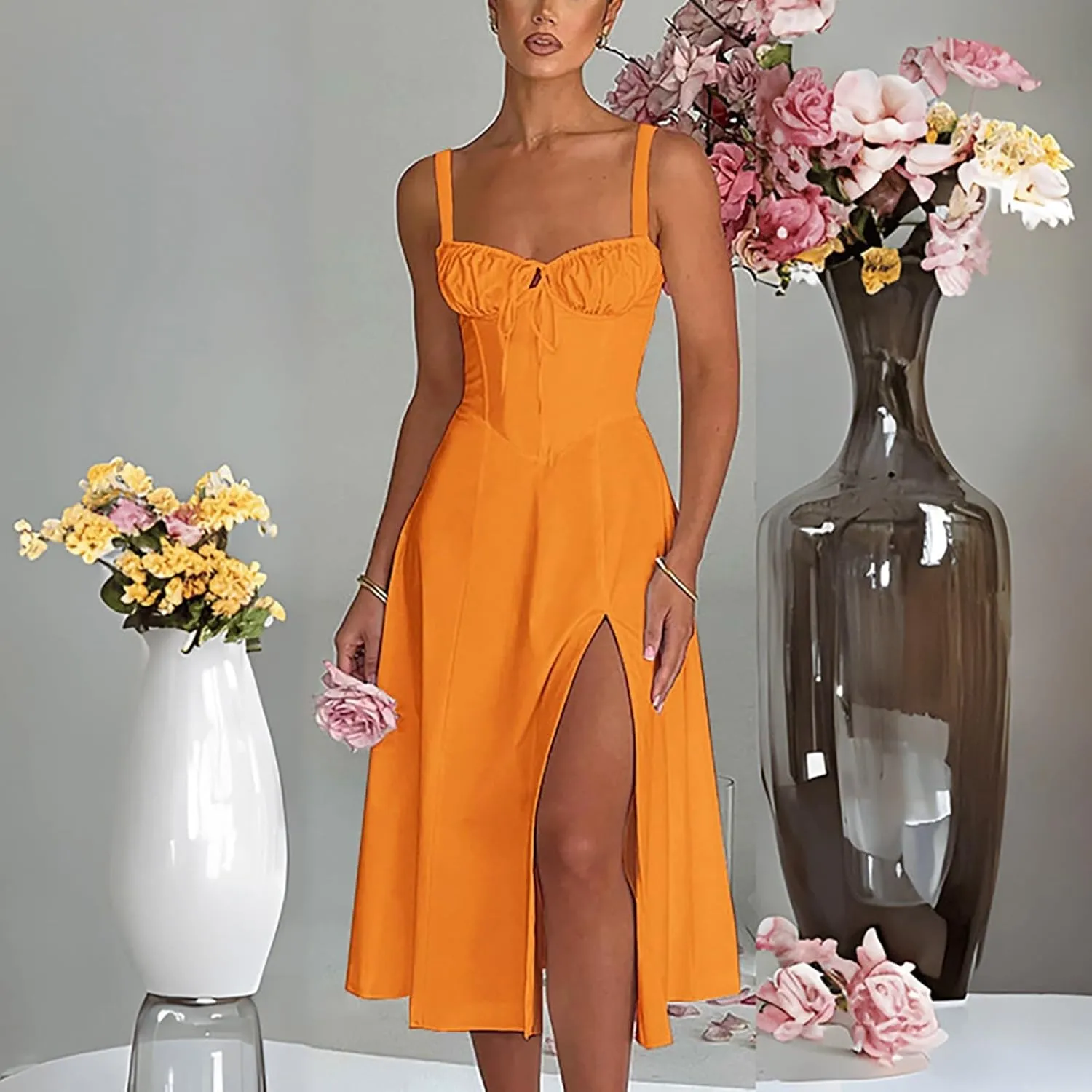 Women's Summer Corset Midi Dress 2025 Summer Spaghetti Strap Low Cut Bust Dress Beach Party Maxi Dresses