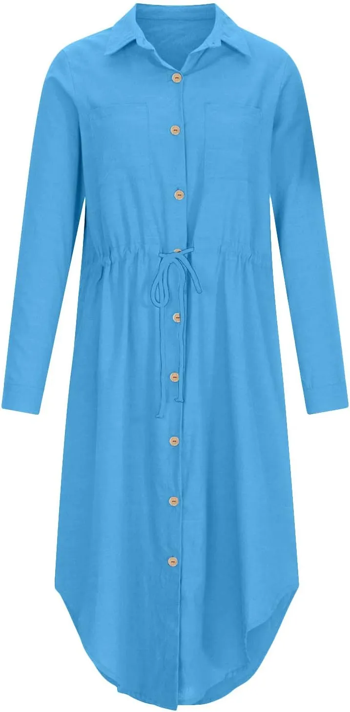 Women's Summer Dresses Cotton Linen Long Sleeve Button Down Casual Sundress Sexy Beach Maxi Shirt Dress with Pockets