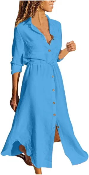 Women's Summer Dresses Cotton Linen Long Sleeve Button Down Casual Sundress Sexy Beach Maxi Shirt Dress with Pockets