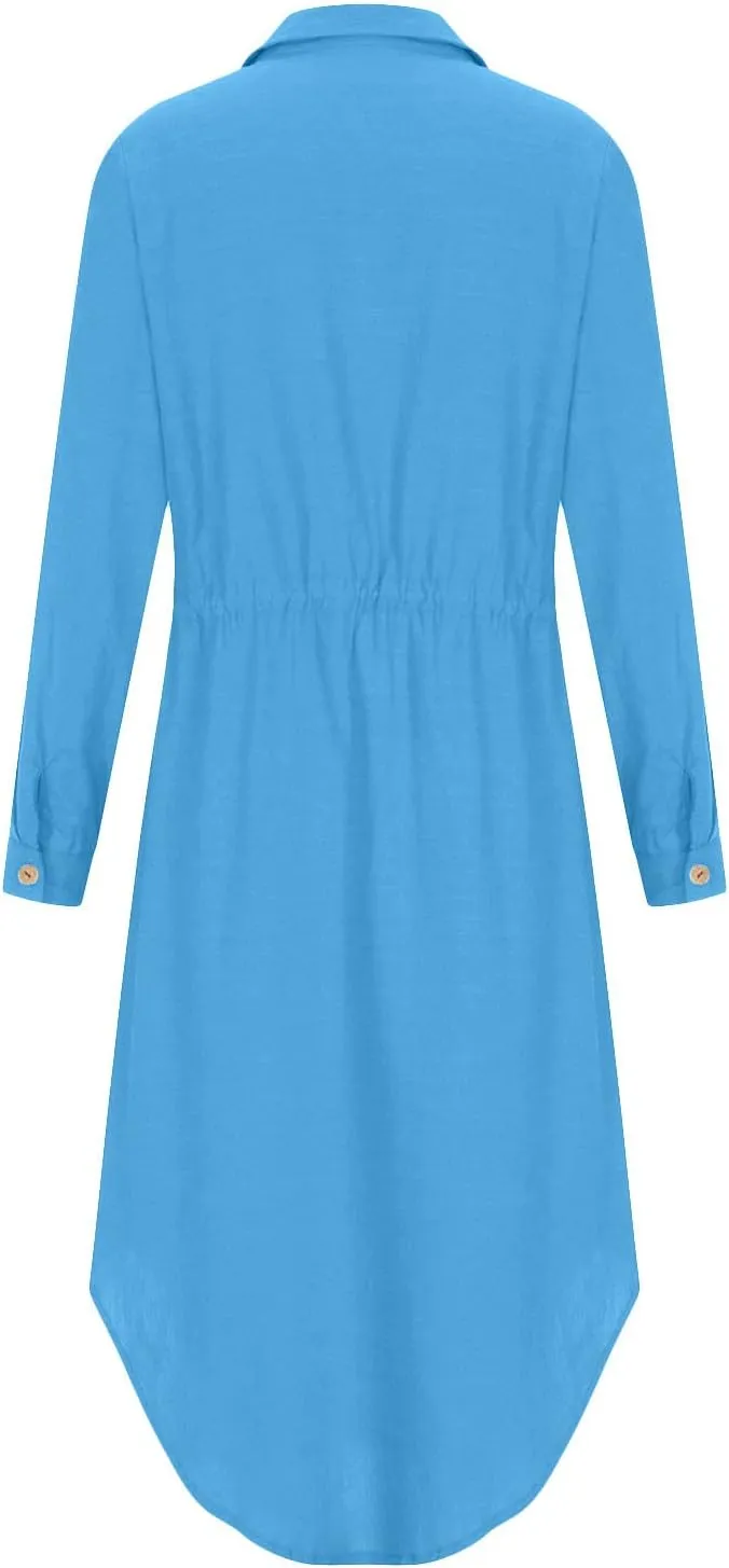 Women's Summer Dresses Cotton Linen Long Sleeve Button Down Casual Sundress Sexy Beach Maxi Shirt Dress with Pockets