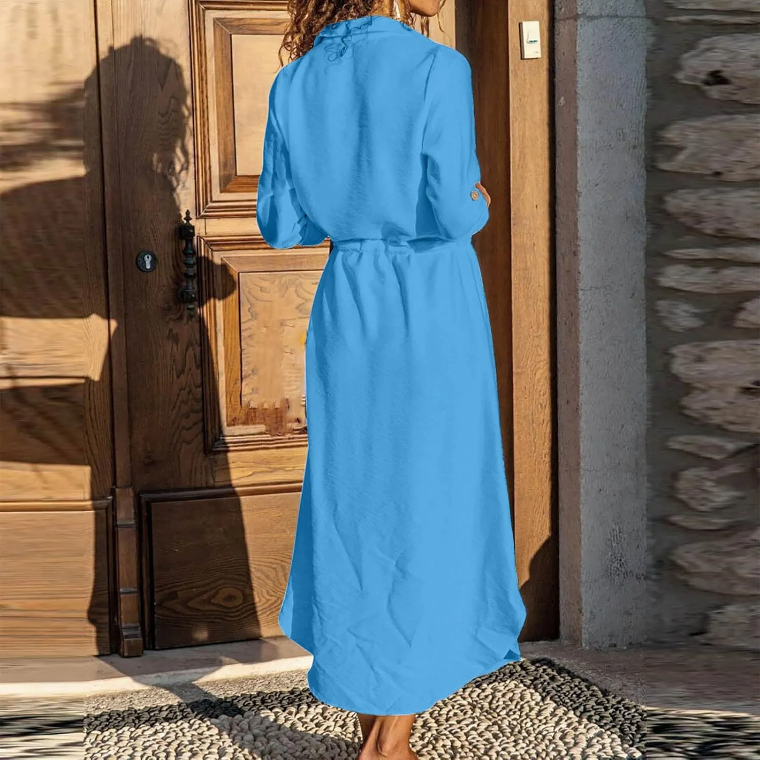 Women's Summer Dresses Cotton Linen Long Sleeve Button Down Casual Sundress Sexy Beach Maxi Shirt Dress with Pockets