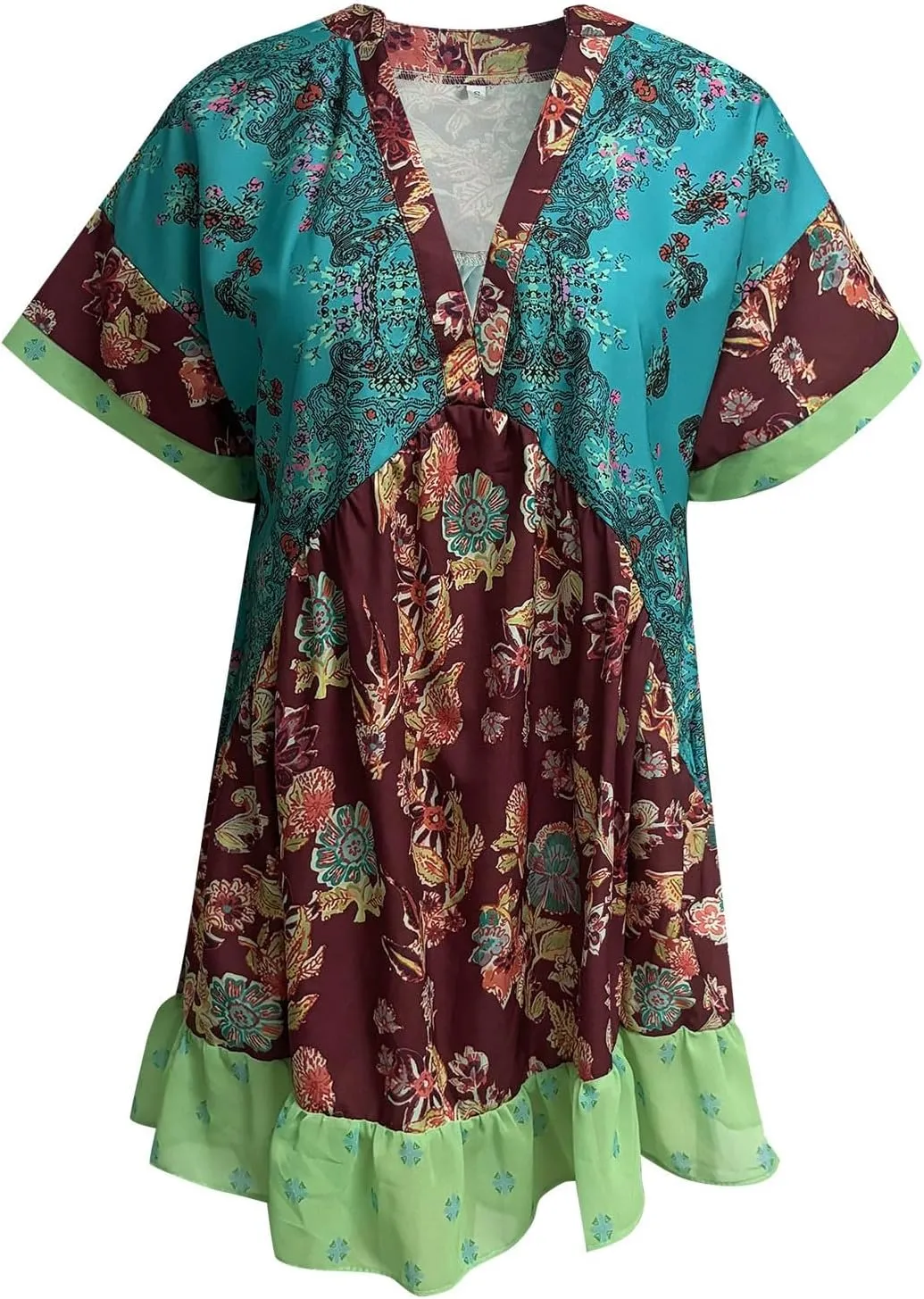 Womens Summer Dresses Short Sleeve V Neck Casual Beach Dresses Vintage Boho Dress A-Line Swing Mini Babydoll Dress