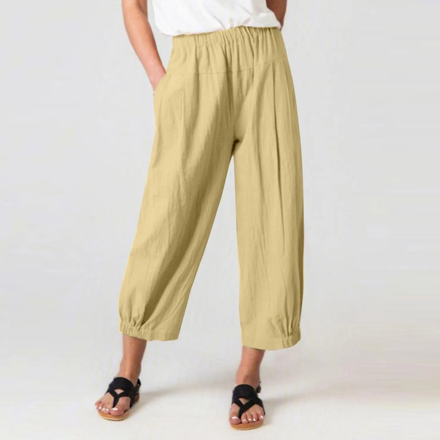 Women's Summer Linen Pants High Waisted Drawstring Printed Bohemian Capris Trousers