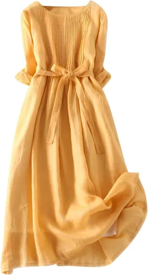 Women's Summer Long Dress Frill Front Cotton Linen Gauze Dresses 3/4 Sleeve Round Neck Flowy Midi Dress with Belt