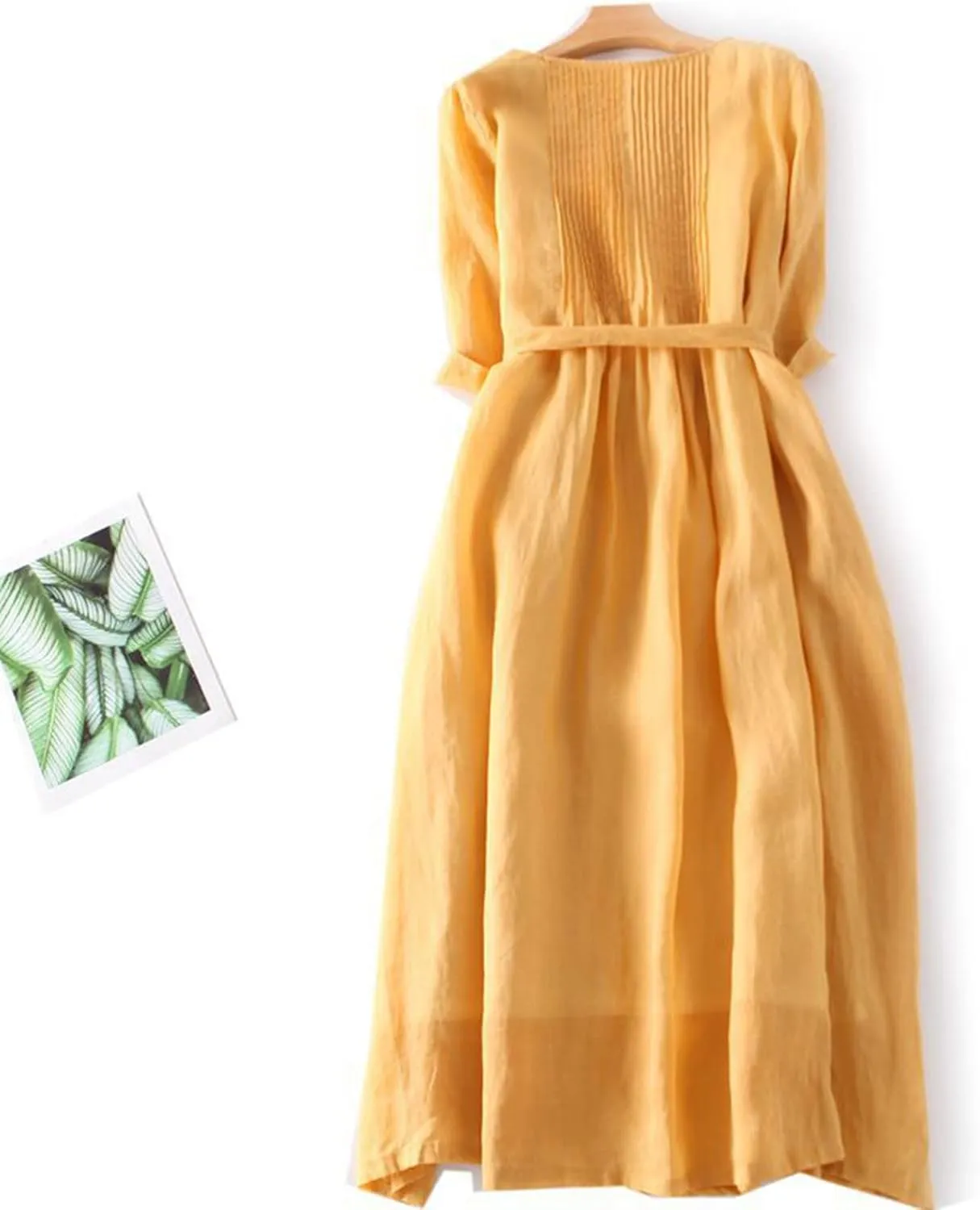 Women's Summer Long Dress Frill Front Cotton Linen Gauze Dresses 3/4 Sleeve Round Neck Flowy Midi Dress with Belt