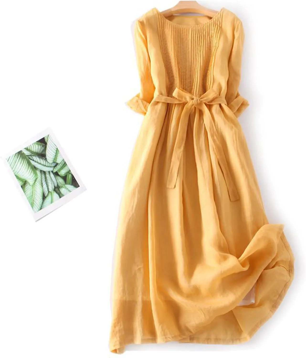 Women's Summer Long Dress Frill Front Cotton Linen Gauze Dresses 3/4 Sleeve Round Neck Flowy Midi Dress with Belt