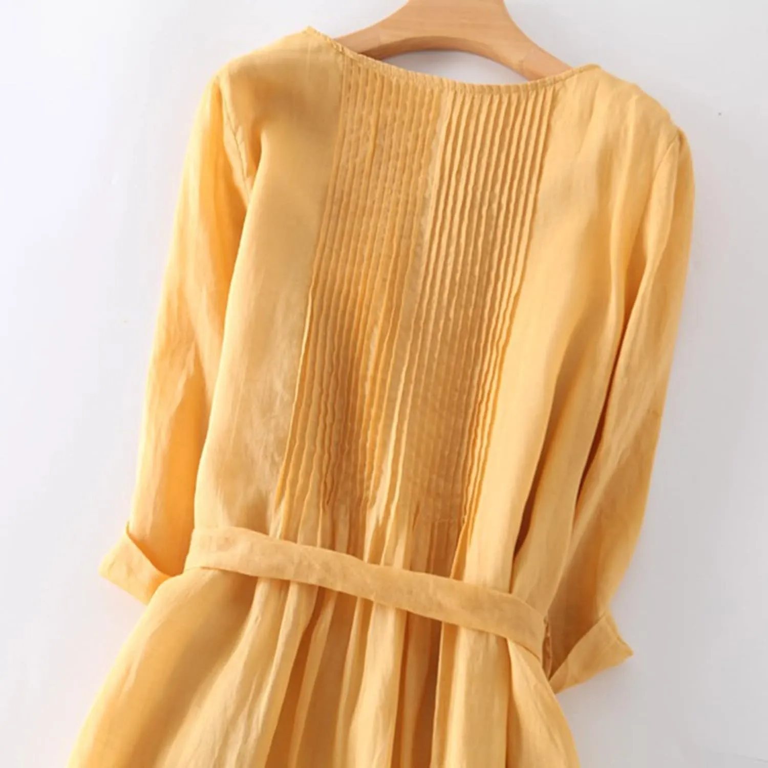 Women's Summer Long Dress Frill Front Cotton Linen Gauze Dresses 3/4 Sleeve Round Neck Flowy Midi Dress with Belt