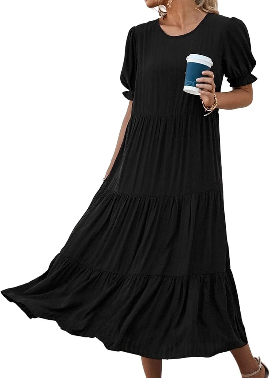 Womens Summer Maxi Dress Casual Round Neck Short Puff Sleeve Dresses Flowy Floral Tiered Ruffle Hem Beach Sundress