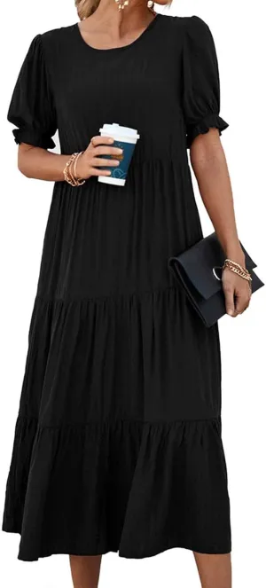Womens Summer Maxi Dress Casual Round Neck Short Puff Sleeve Dresses Flowy Floral Tiered Ruffle Hem Beach Sundress
