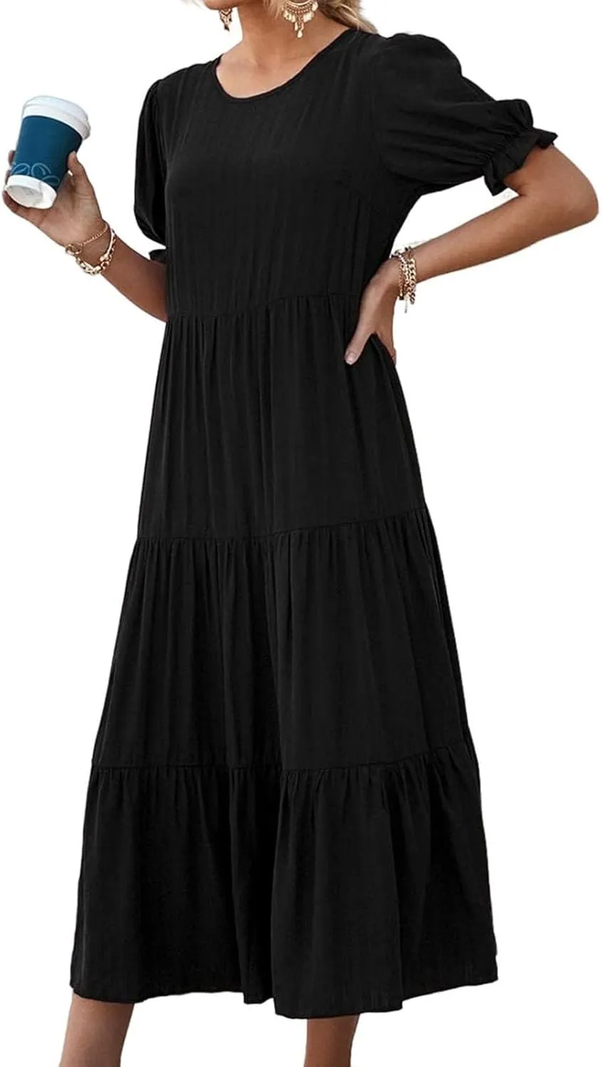 Womens Summer Maxi Dress Casual Round Neck Short Puff Sleeve Dresses Flowy Floral Tiered Ruffle Hem Beach Sundress