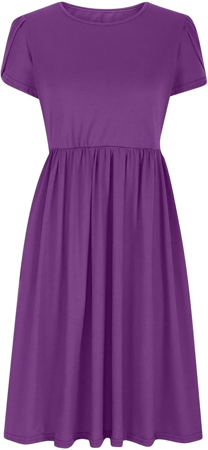 Women's Summer Short Sleeve A-Line Midi Dresses Casual Plain T-Shirt Dress Trendy Flowy Beach Sundress with Pockets