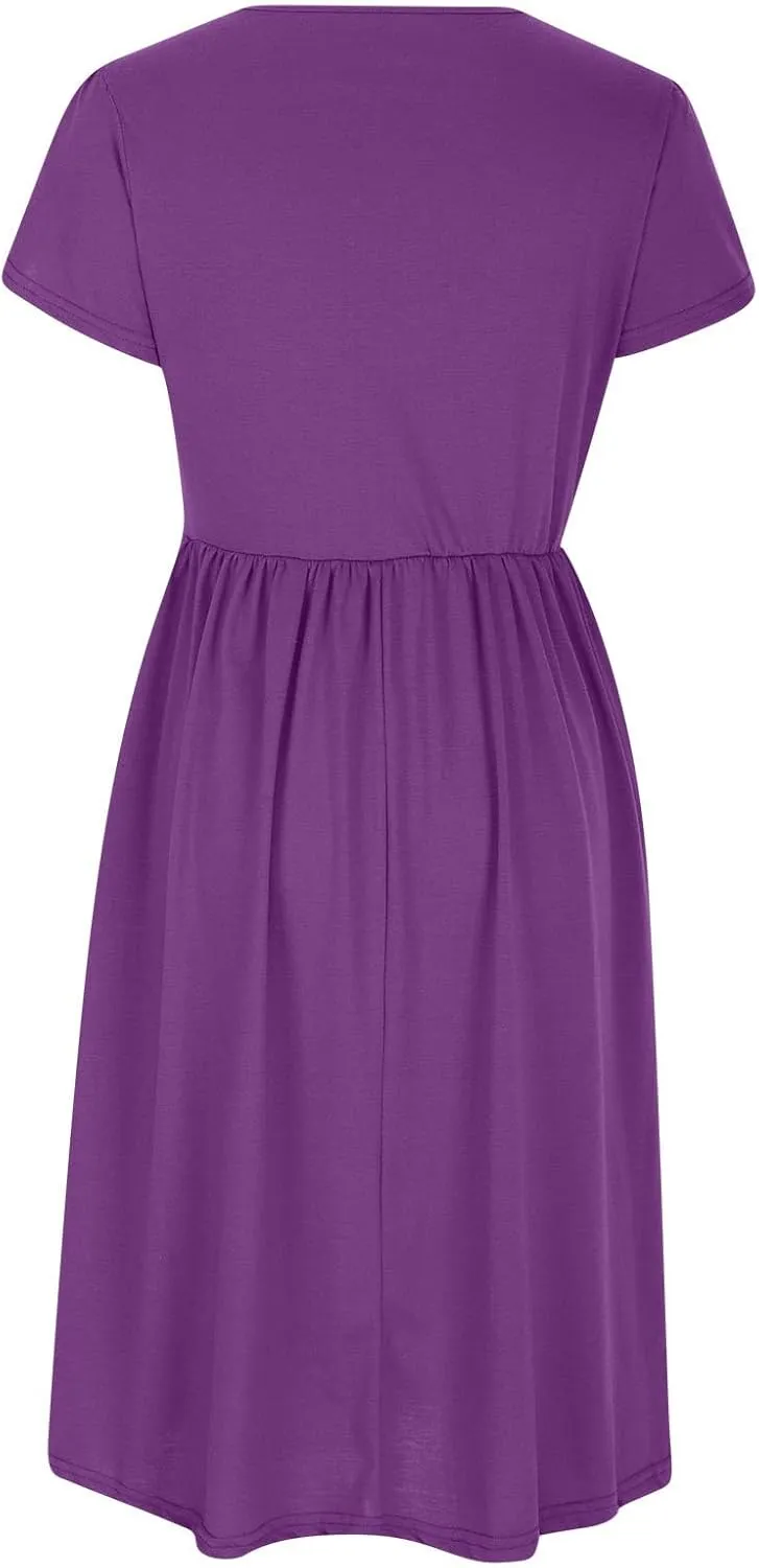 Women's Summer Short Sleeve A-Line Midi Dresses Casual Plain T-Shirt Dress Trendy Flowy Beach Sundress with Pockets