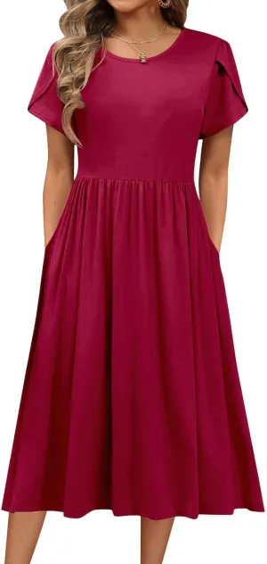 Women's Summer Short Sleeve A-Line Midi Dresses Casual Plain T-Shirt Dress Trendy Flowy Beach Sundress with Pockets