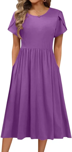 Women's Summer Short Sleeve A-Line Midi Dresses Casual Plain T-Shirt Dress Trendy Flowy Beach Sundress with Pockets